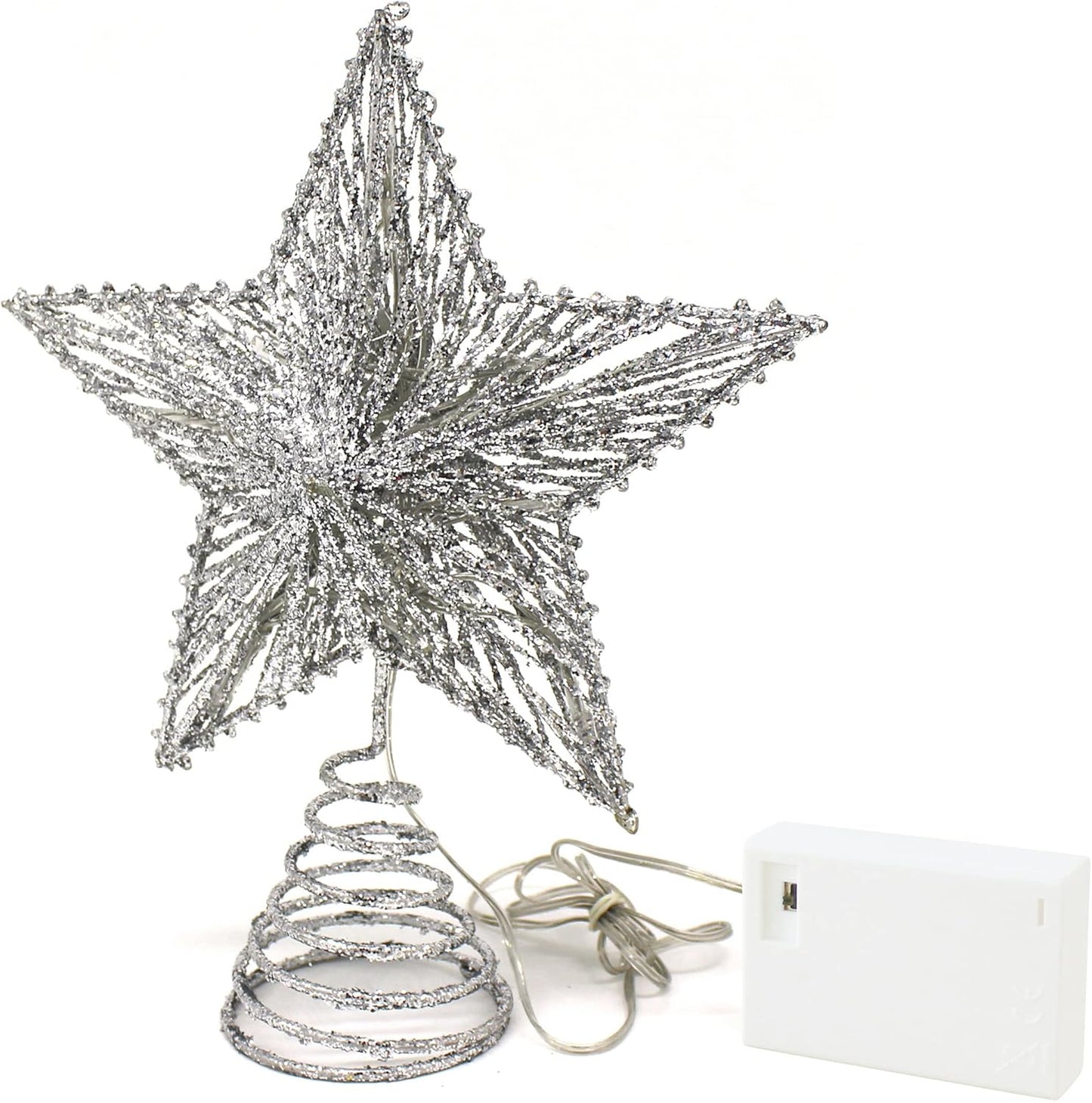 CVHOMEDECO. Silver Glittered 3D Tree Top Star with Warm White LED Lights and Timer for Christmas Tree Decoration and Holiday Seasonal Décor, 8 x 10 Inch