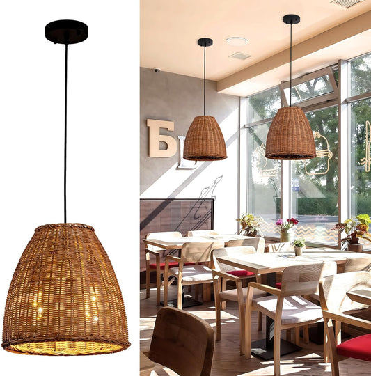2-Light Dark Curry Rattan Pendant Light,13.77" Rustic Hanging Light,Brown Wicker Pendant Light Hand-Woven Rattan Chandelier for Public Place Dining Living Bedroom Kitchen Farmhouse