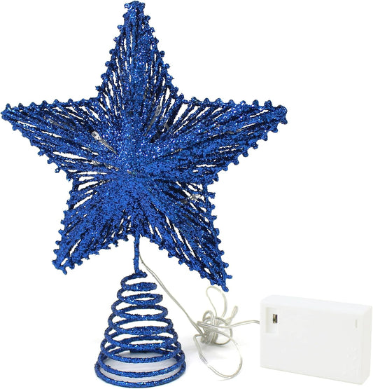 CVHOMEDECO. Blue Glittered 3D Tree Top Star with Warm White LED Lights and Timer for Christmas Ornaments and Holiday Seasonal Décor, 8 x 10 Inch