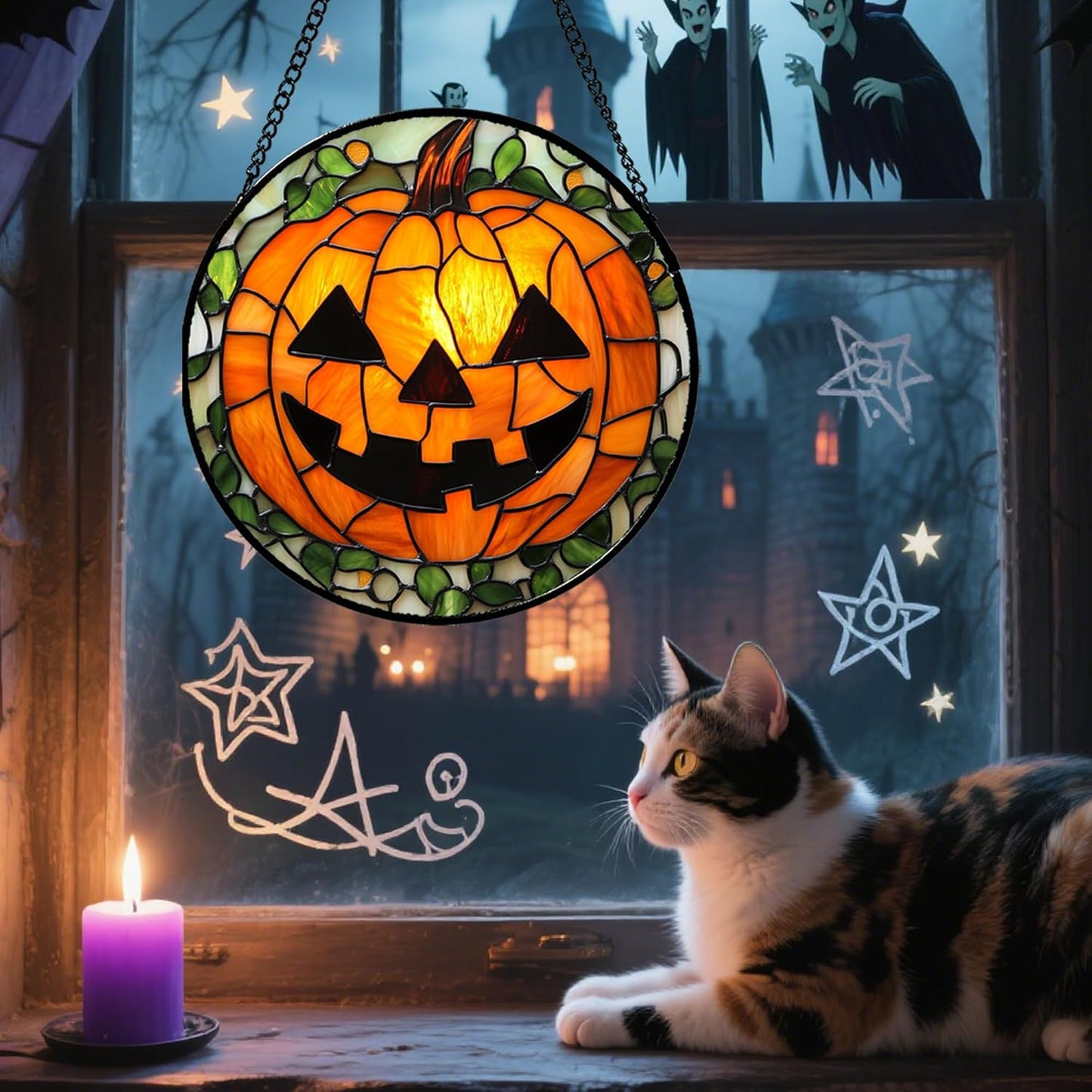 Stained Glass Window Hanging, Halloween Decorations Evil Pumpkin Suncatcher for Doors Garden Indoor Spooky Funny Orange Sun Catchers Gothic Decor Horror Gifts for Women Men Friend 7.8 in