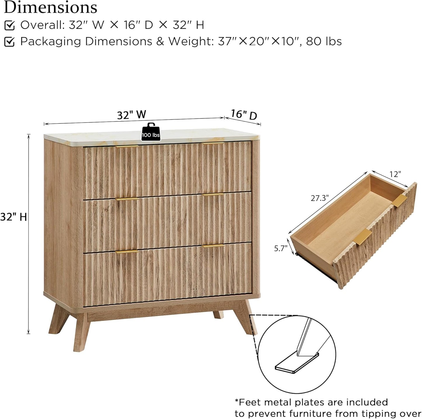 T4TREAM 32" Tall Fluted Nightstand Set of 2, Modern Side Table with Faux Marble Top, 3 Drawers End Table w/Storage, Bedside Table for Bedroom, Living Room, Curved Profile Design, Natural Oak