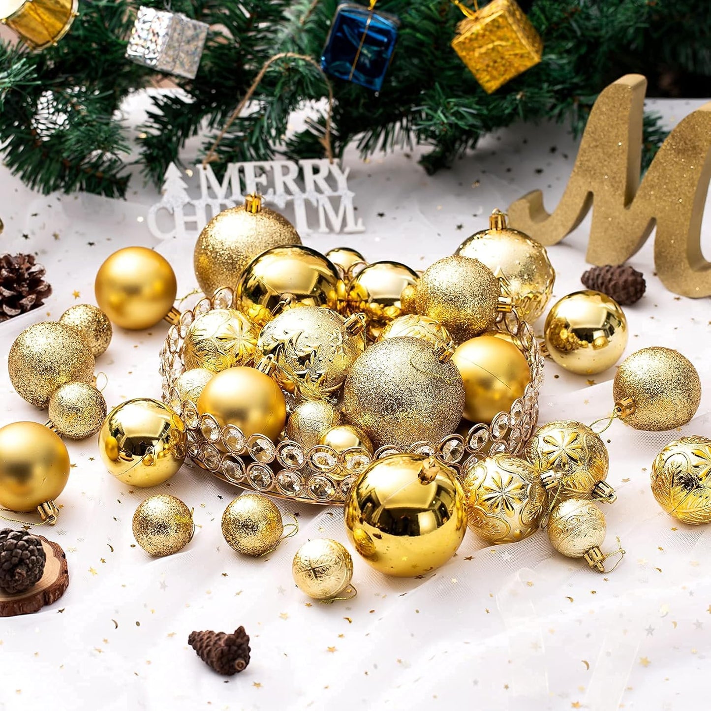 Senjie Gold Shatterproof Christmas Ball Ornaments, 32 Pcs, Plastic, Hanging, Christmas, Wedding