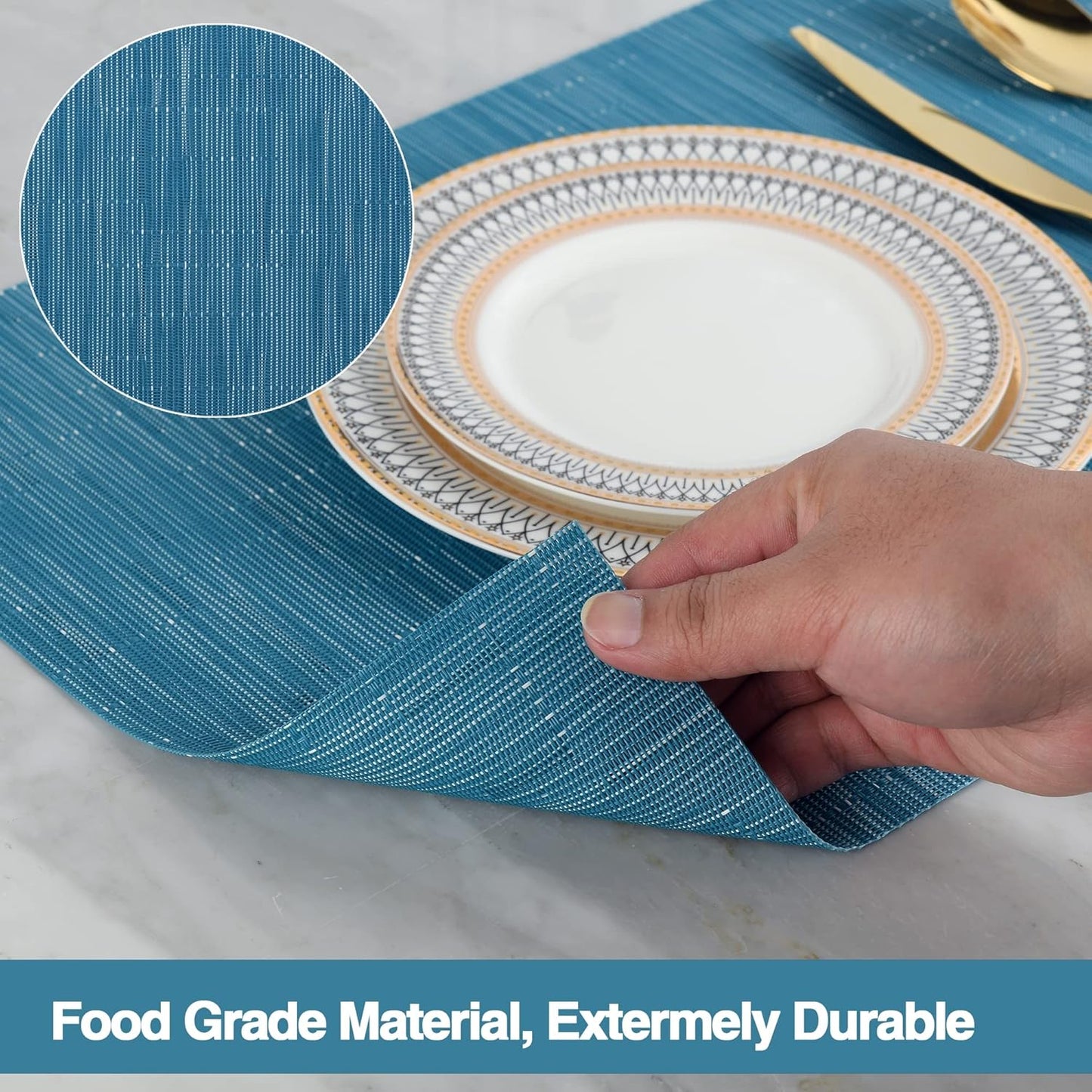 Vinyl Placemats Set of 8 - Washable Easy Clean Place Mats - Heat Resistant PVC Table Placemats - Table Mats for Dining Table 17x12 Inch (Sky Blue Turquoise, 8)