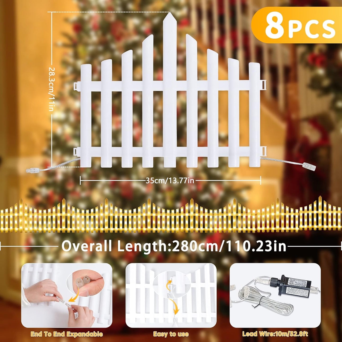 Hopolon 8 Pack 36LED Lighted Garden Fence,13.7x11.8inch Christmas Tree Fence Lights Plug in,8 Modes White Plastic Edgings Picket Decorative Fence for Landscape Patio Yard Path Home Xmas,Warm White