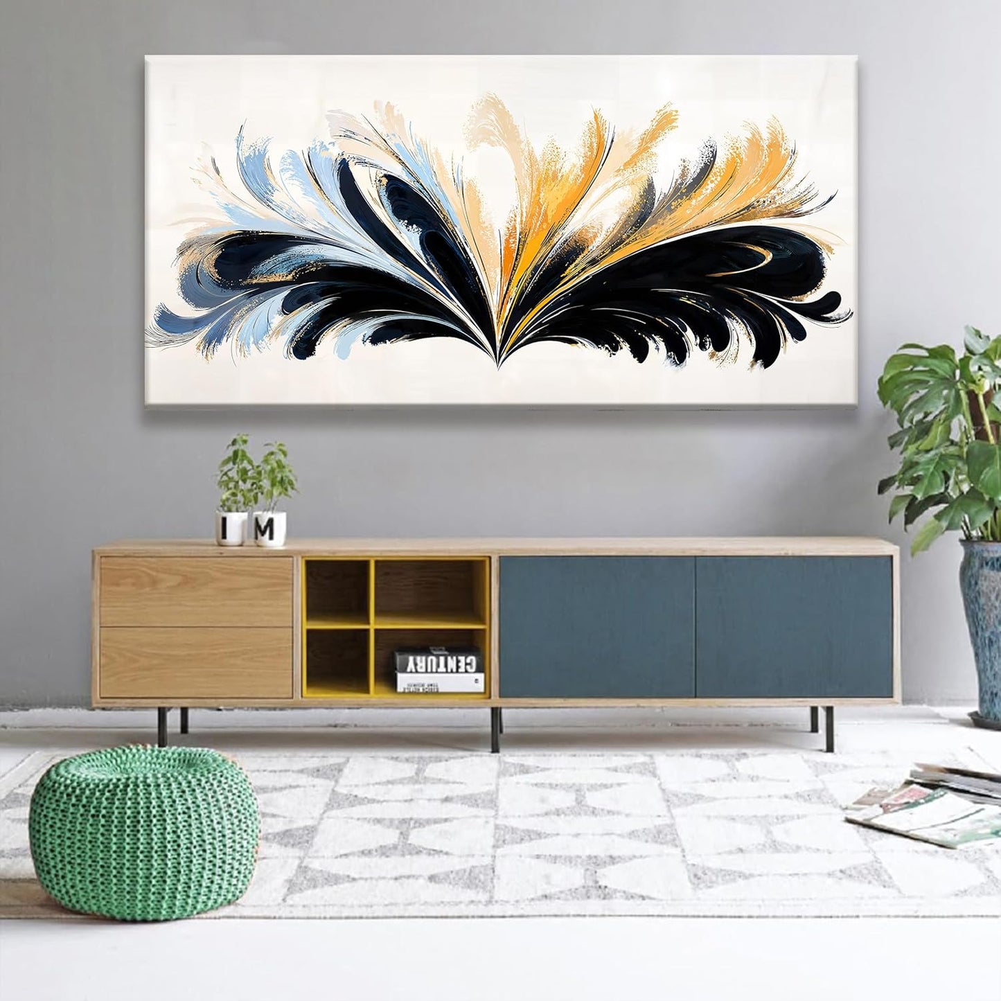QSQ Large Black And Gold Abstract Wall Art For Living Room Canvas Art Wall Decor Abstract Blue Feather Wall Decor Print Picture For Bedroom Apartment Office Home Wall Decoration 29 X 58 Inch