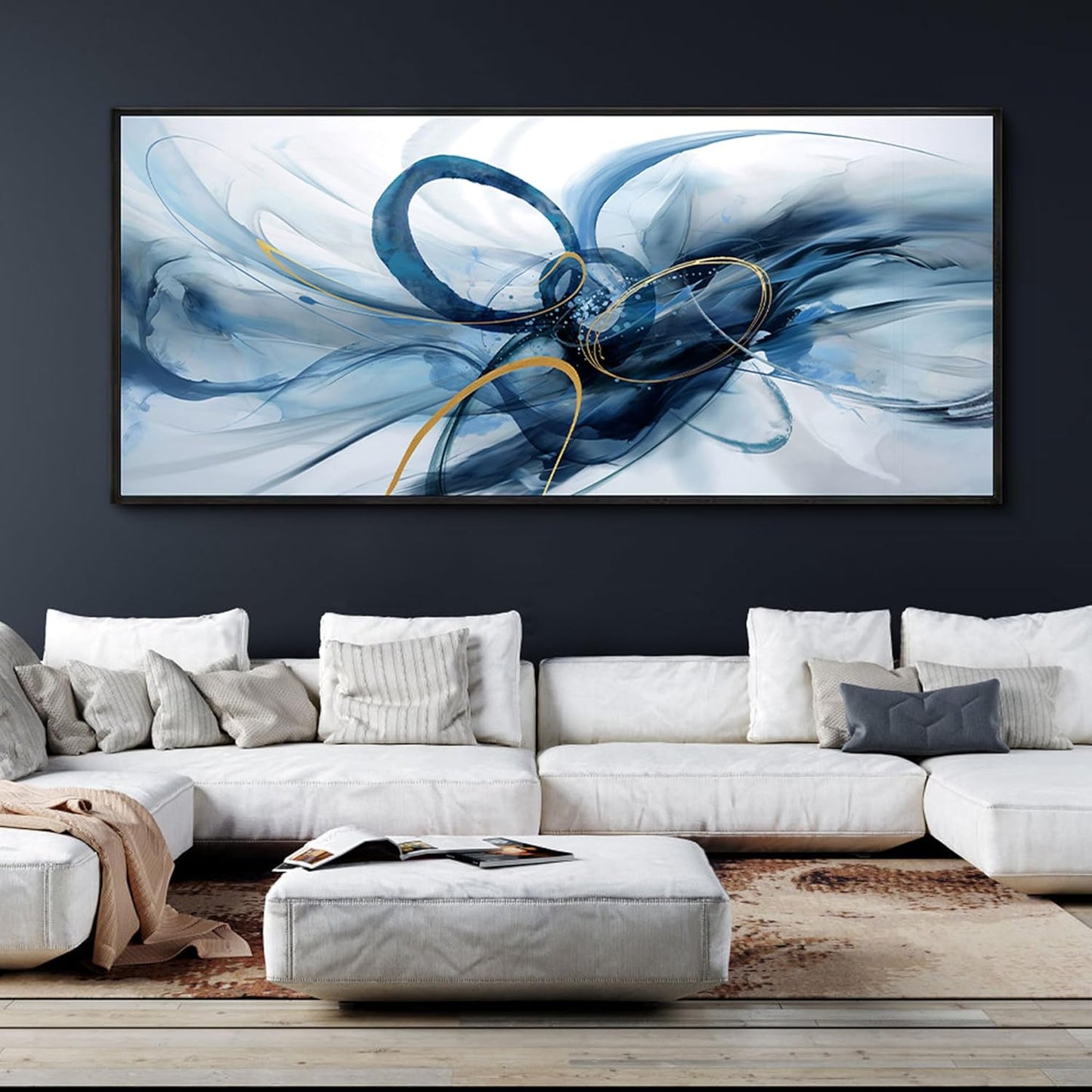 XLSJERST Abstract Wall Decor Living Room - 86x39 Inches Modern Canvas Wall Art Blue and White Picture Artwork for Office Bedroom Home Decoration