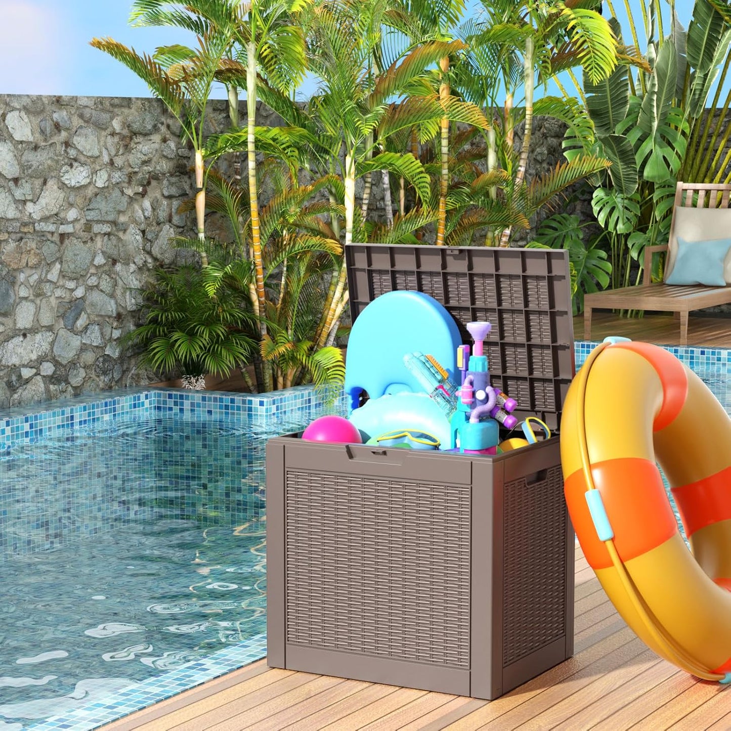 30 Gallon Resin Deck Box, Lockable Patio Outdoor Storage Box for Furniture, Garden Tools and Tools Storage, Waterproof Outside Storage Boxes - Grey