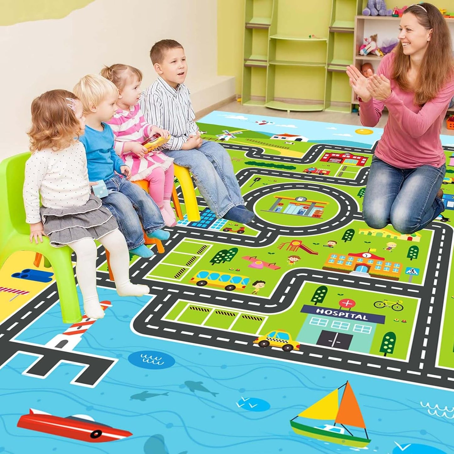 Kids Rug Playroom Car Rug Play Mat City Life Road Rugs Fun City Map for Kids Toy Cars Carpet for Bedroom Boys (Green-Rug, 3.3x4.9ft)