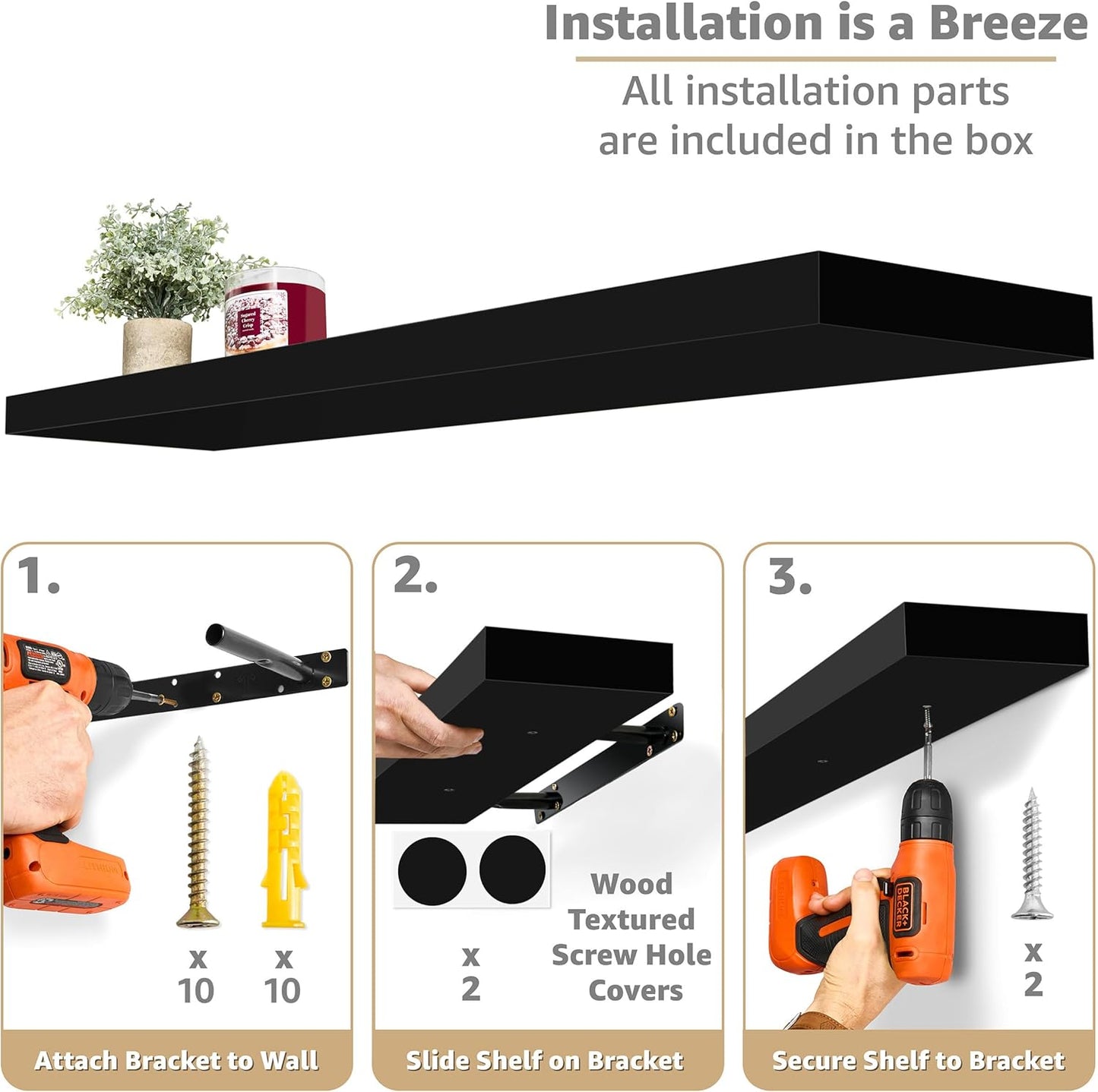 Sorbus Floating Shelves for Wall - 35 Inch Long Bathroom Shelves, Wall Decor for Bedroom, Kitchen, Living Room & Book Storage - Mounted Floating Shelf with Invisible Brackets (Black, 2 Pack)