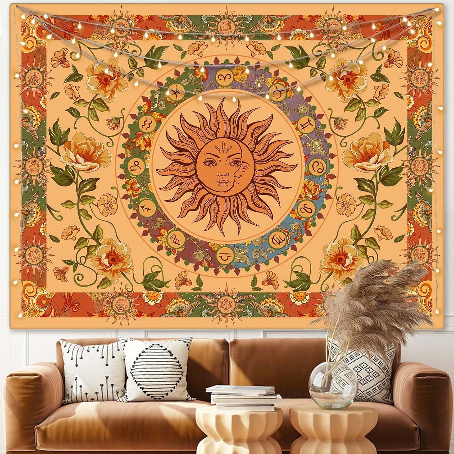 Aipon Yellow Sun and Moon Tapestry Hippie Indie Tapestries Boho Orange Flower Floral Tapestry Wall Hanging Cool Vintage Aesthetic Wall Tapestry for Bedroom Living Room Dorm (80'' × 60'', Orange)