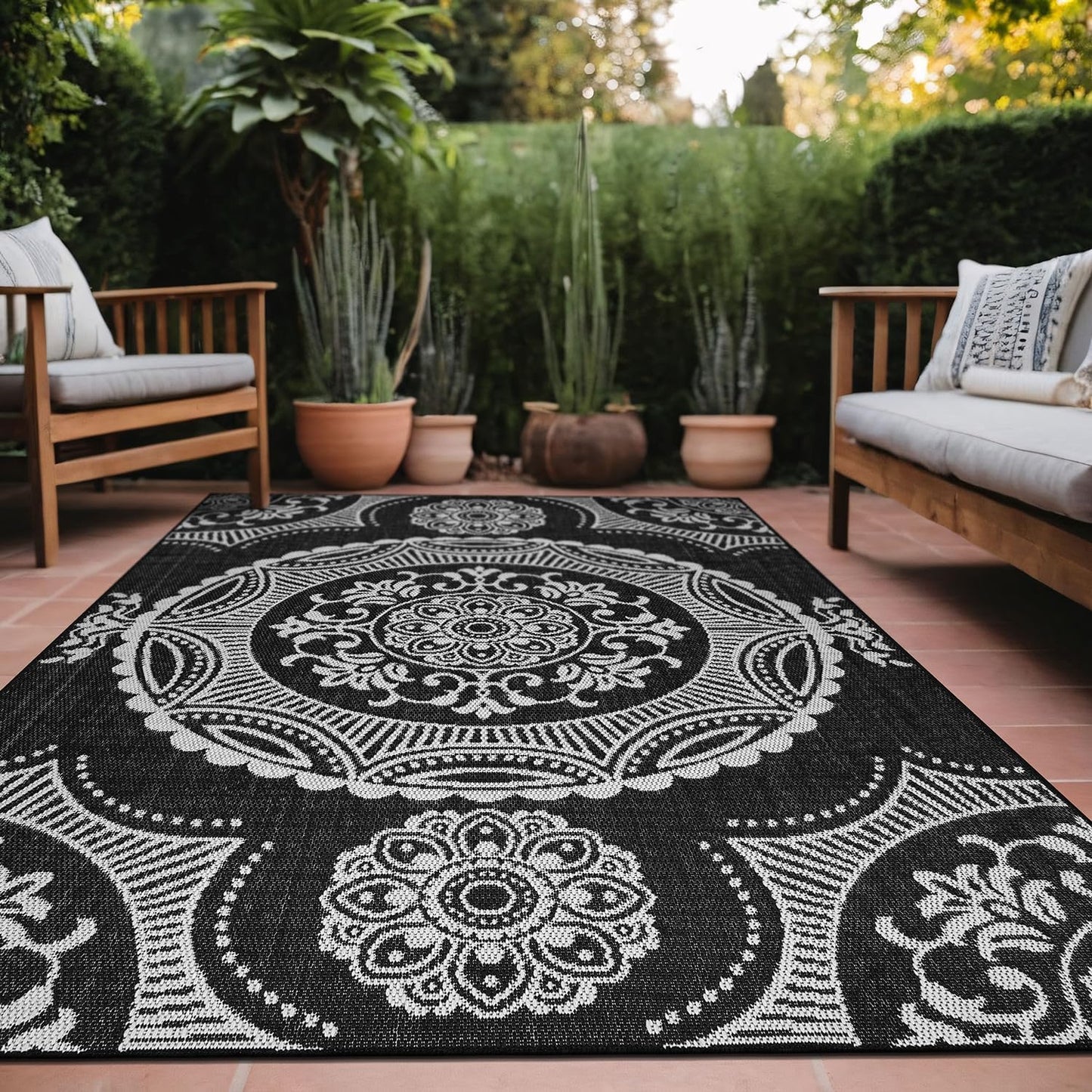 Medallion Outdoor Rug 9x12 Washable Outside Carpet for Indoor Patio Porch Waterproof Easy Cleaning Non Shedding Area Rugs Black 9 x 12