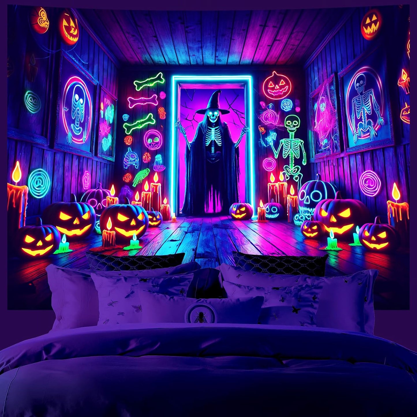 AOHMPT Glow-in-the-Dark Halloween Tapestry - UV Reactive Black Light Wall Hanging Decor for Spooky Parties, Bedroom, Living Room (Witches, 79L x 59W, Unframed)