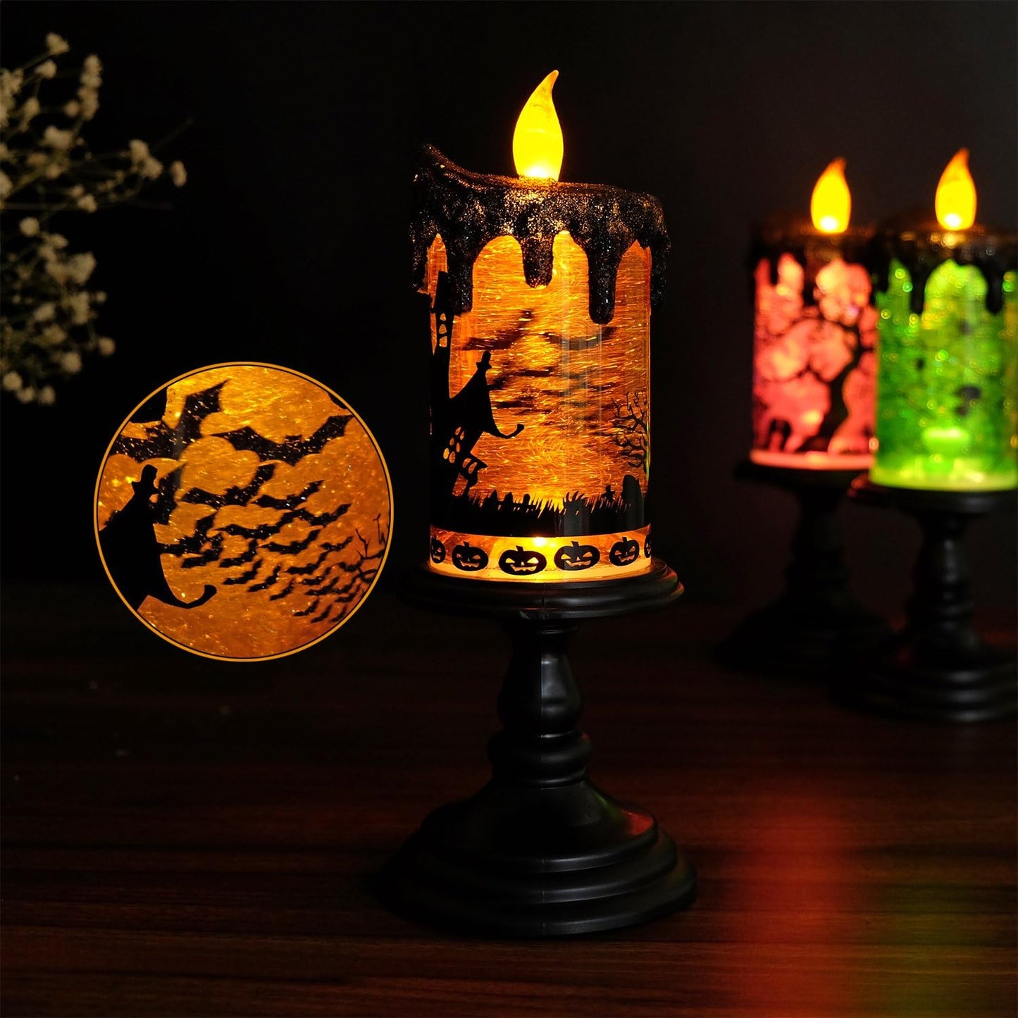 Eldnacele Halloween Snow Globe Candles Lighted Lamp, Battery Operated Spooky Spinning Water Glittering Tornado Candle Flameless Candles Table Centerpiece for Halloween Decoration Indoor(Castle)