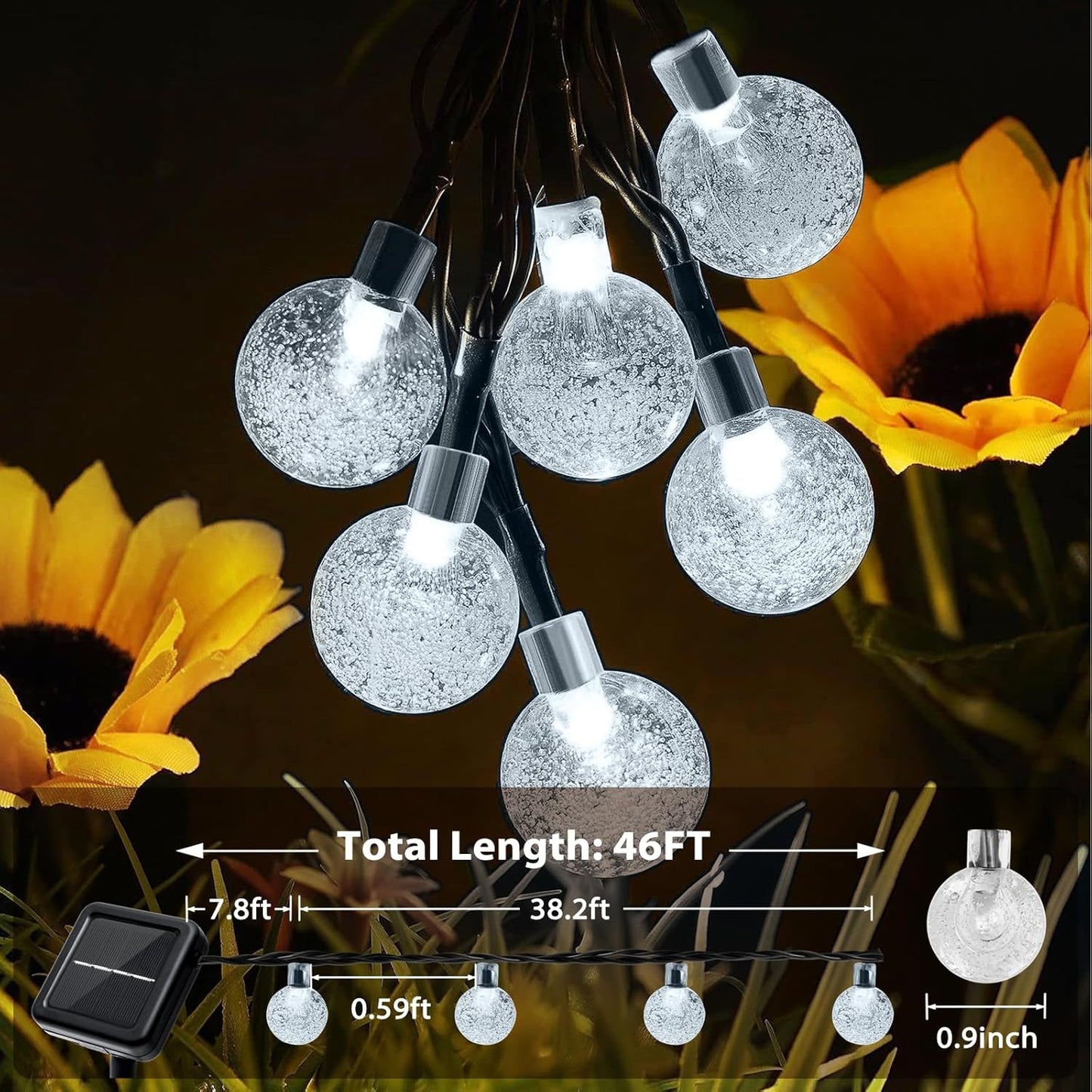 Outdoor Solar String Lights, 2x46FT 66LED 8Modes Crystal Solar Powered Christmas Fairy String Lights Waterproof for Outside Yard Fence Easter Holiday Party Garden Decor 2Pack(Pure White)