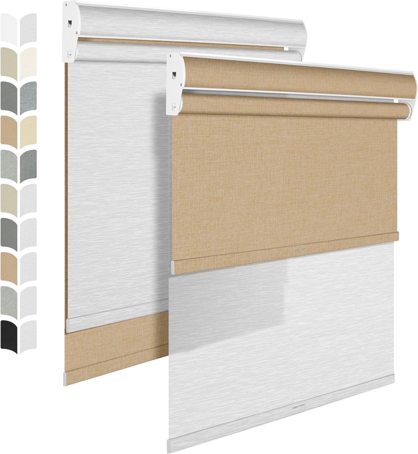 BERISSA Cordless Dual Roller Shades with Cassette Valance, Blackout and Light Filtering, Day and Night for Home Office/Door. Linen Beige/White, 52 W x 86" H