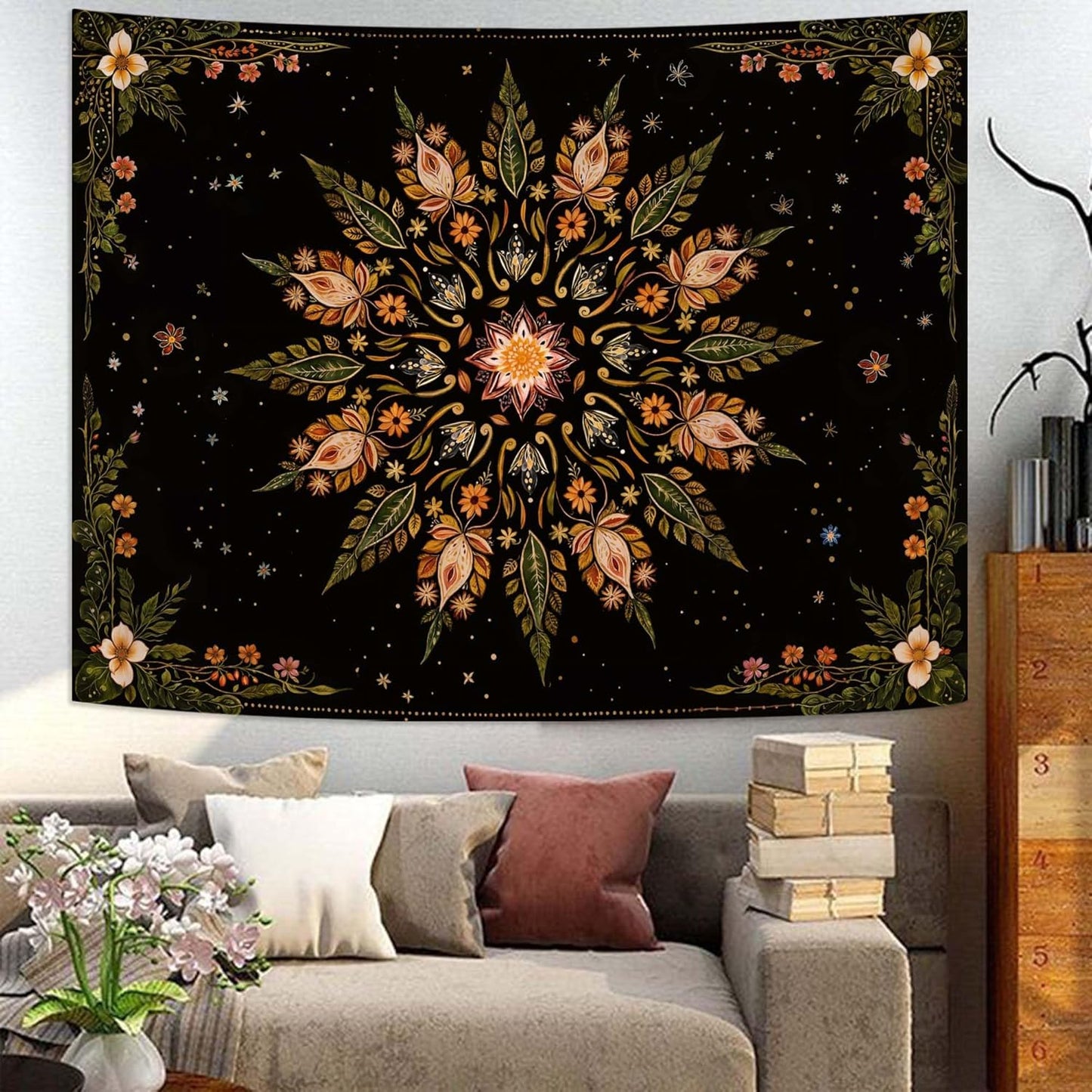 Fowocu Boho Floral Mandala Tapestry for Bedroom Aesthetic Vintage Bohemian Flower Wall Tapestry Black Green Hippie Indian Tapestries Wall Hanging for Living Room Dorm Decor 60 x 44 Inch