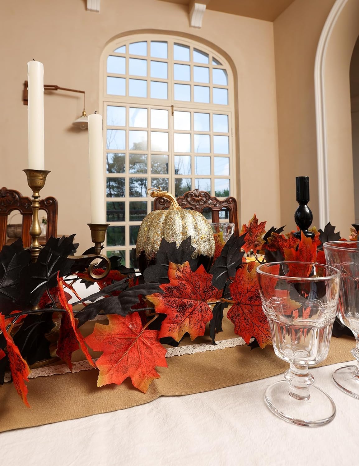 Joyhalo 5 Pack Fall Garland, Halloween Leaves Garland, Black Outdoor Leaf Vine for Mantle, Door Frame,Fireplace and Thanksgiving Decor