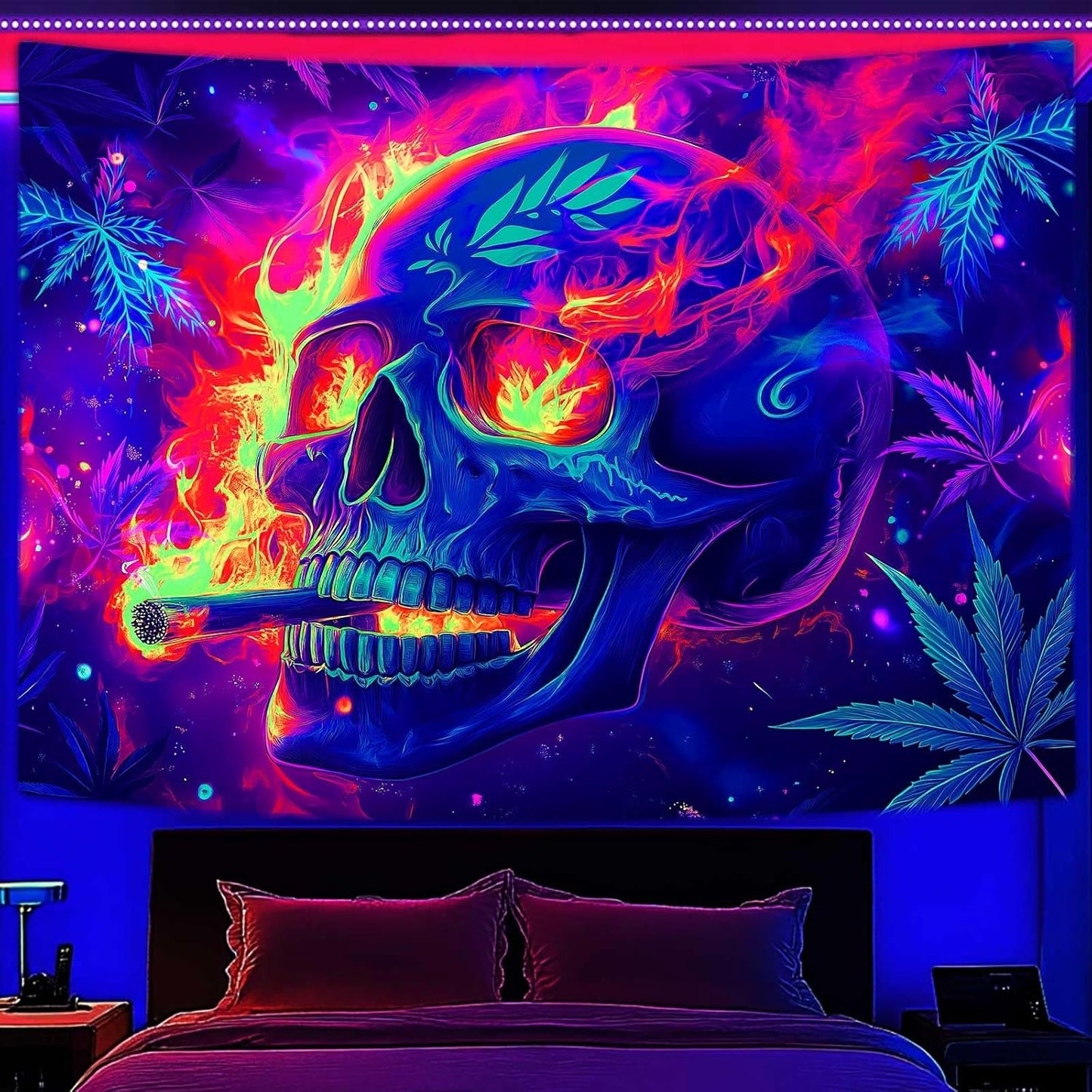 Blacklight Skeleton Tapestry, Glowing Skull UV Reactive Gothic Wall Hanging Tapestries, Glow in the Dark Grim Reaper Magic Horror Face Halloween Poster Tapestry for Bedroom Living Room Decor 60X51IN