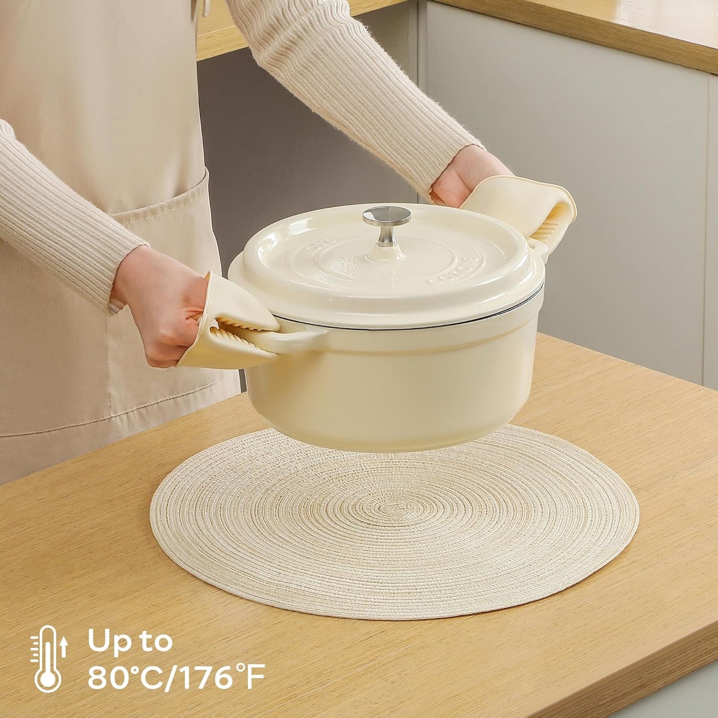 Leetaltree Round Placemats Heat and Slip Resistant Cotton Table Mats, Washable Bohemian Placemats for Dining Tables (White Beige, Set of 4)