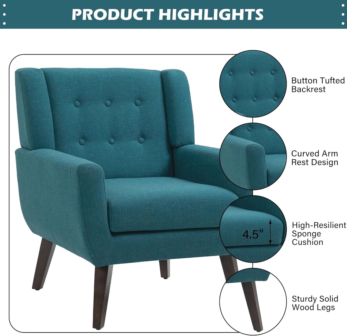 UIXE Accent Chair Modern Arm Chair, Mid Century Upholstered Club Armchair, Comfy Single Lounge Sofa Living Room Button Tufted Armrest Reading Seat Bedroom Side Seating, Turquoise Blue