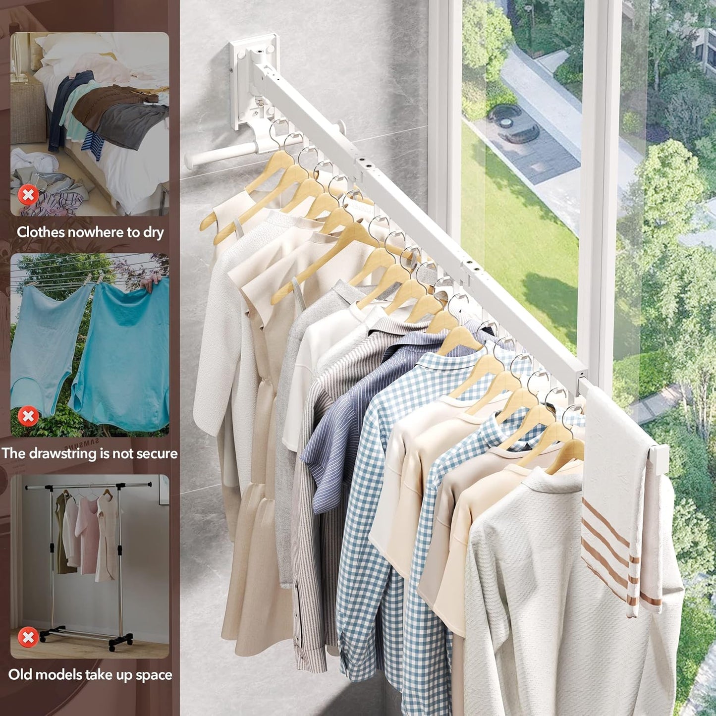 Clothes Drying Rack,Laundry Drying Rack Wall Mount, Wall Mounted Clothes Rack,Retractable,Collapsible(Tri-Fold),Drying Rack Clothing,can Fold Upward & Left & Right,Space Saver, White Color