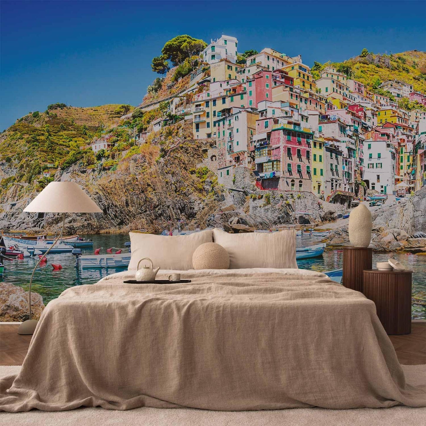 artgeist Wall Mural Architecture 216x98 in - XXL Non-Woven Corner Wallpaper Fleece Angle Wall Decor Photo Print Picture Image Design Modern City Sea Boat Like Painted d-B-0296-a-a