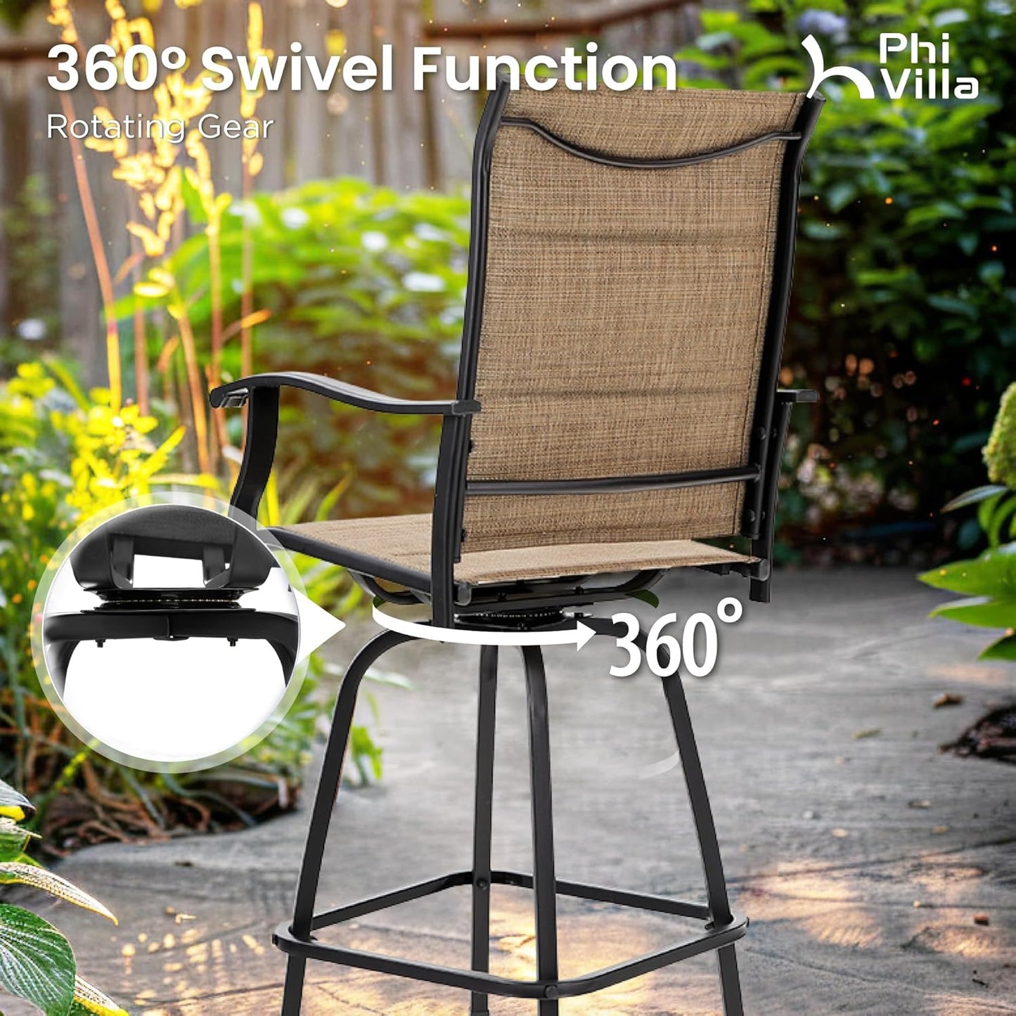 PHI VILLA 5 Piece Patio Bar Set, High Top Outdoor Table and Chairs for 4 with Swivel Padded Bar Stools Outside and Square Metal Bar Bistro Table for Garden, Deck and Poolside