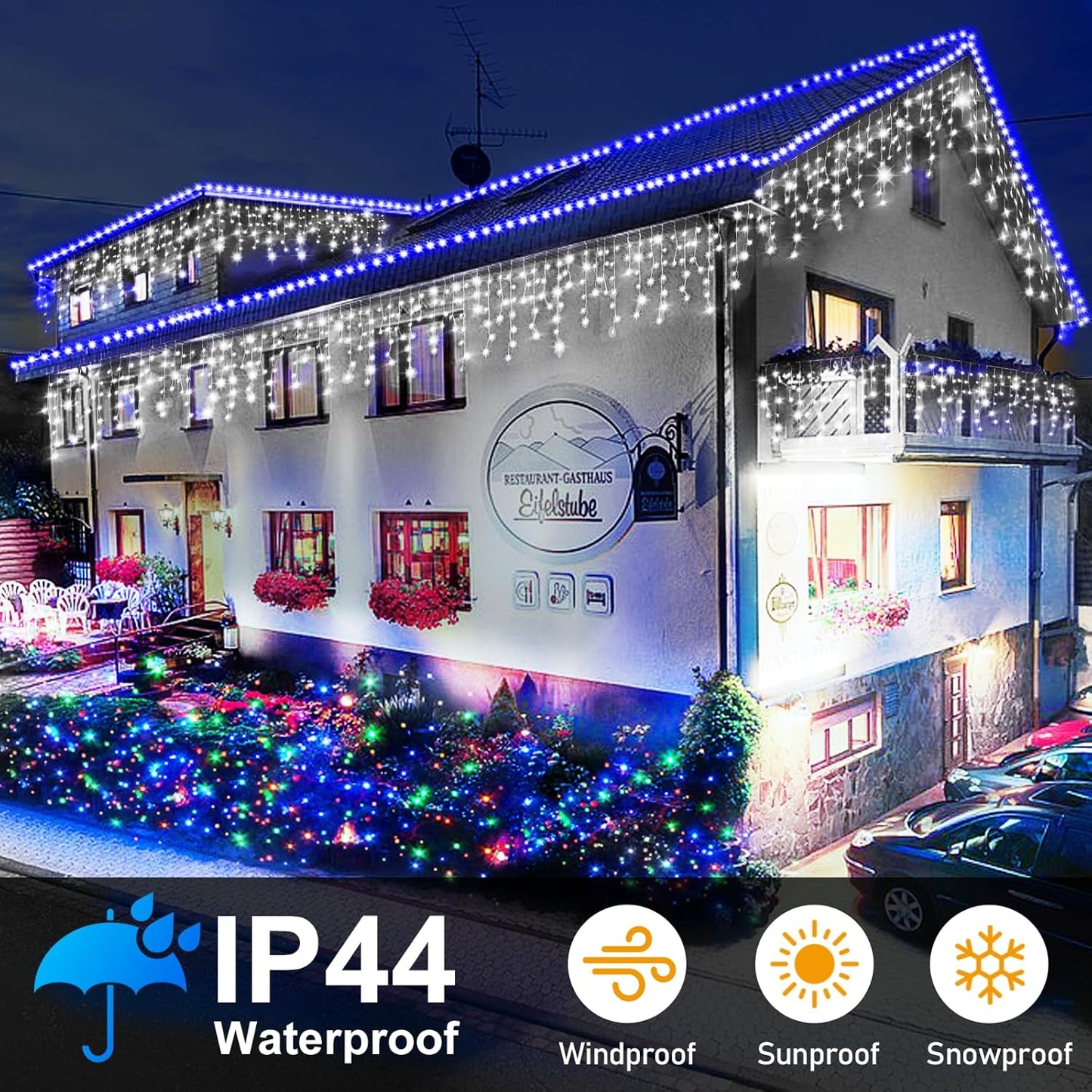 Christmas Lights Outdoor, 164FT 1600 LED Ice Lights for Outside with 320 Drops, 8 Modes Timer Memory Function, IP44 Waterproof Ice String Lights for Christmas Party Eaves Yard Decor (Cool White)