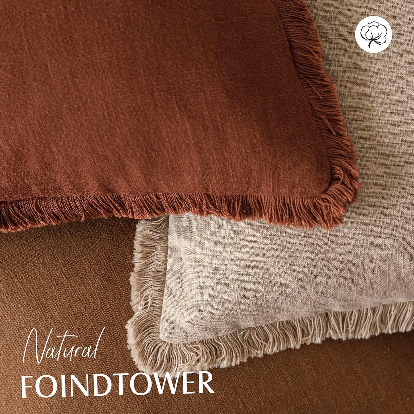 Foindtower Set of 2 Decorative Linen Fringe Throw Pillow Covers Boho Farmhouse Cushion Cover with Tassels Soft Accent Pillowcase for Couch Sofa Bed Living Room Home Decor,22×22 Inch,Orange Brown