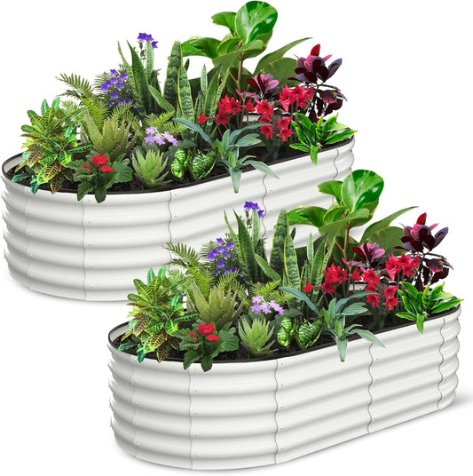 2 Pcs 6x3x1.5ft Oval Raised Garden Bed, Galvanized Raised Beds,Open-Ended Base Metal Raised Planter Beds,Garden Bed Outdoor,Planter Raised Boxes for Vegetables, Flowers,Tool-Free Asse,White