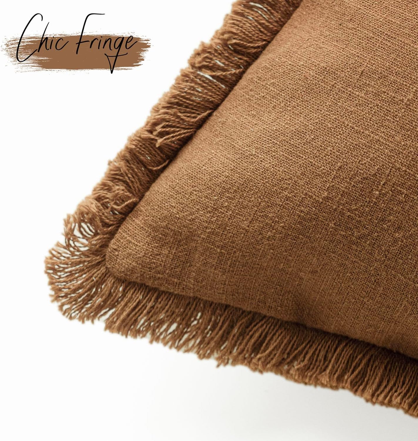 Foindtower Set of 2 Decorative Linen Fringe Throw Pillow Covers Boho Farmhouse Cushion Cover with Tassels Soft Accent Pillowcase for Couch Sofa Bed Living Room Home Decor,22×22 Inch,Orange Brown