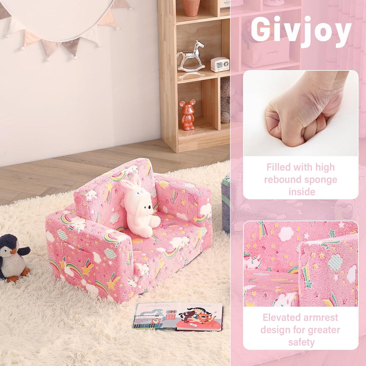 Toddler Chair Kids Couch, 2-in-1 Comfy Armchair with Removable and Washable Cover Carrying Handle, Convertible Reading Chair Toddler Couch for Girls and Boys, Pink Rainbow