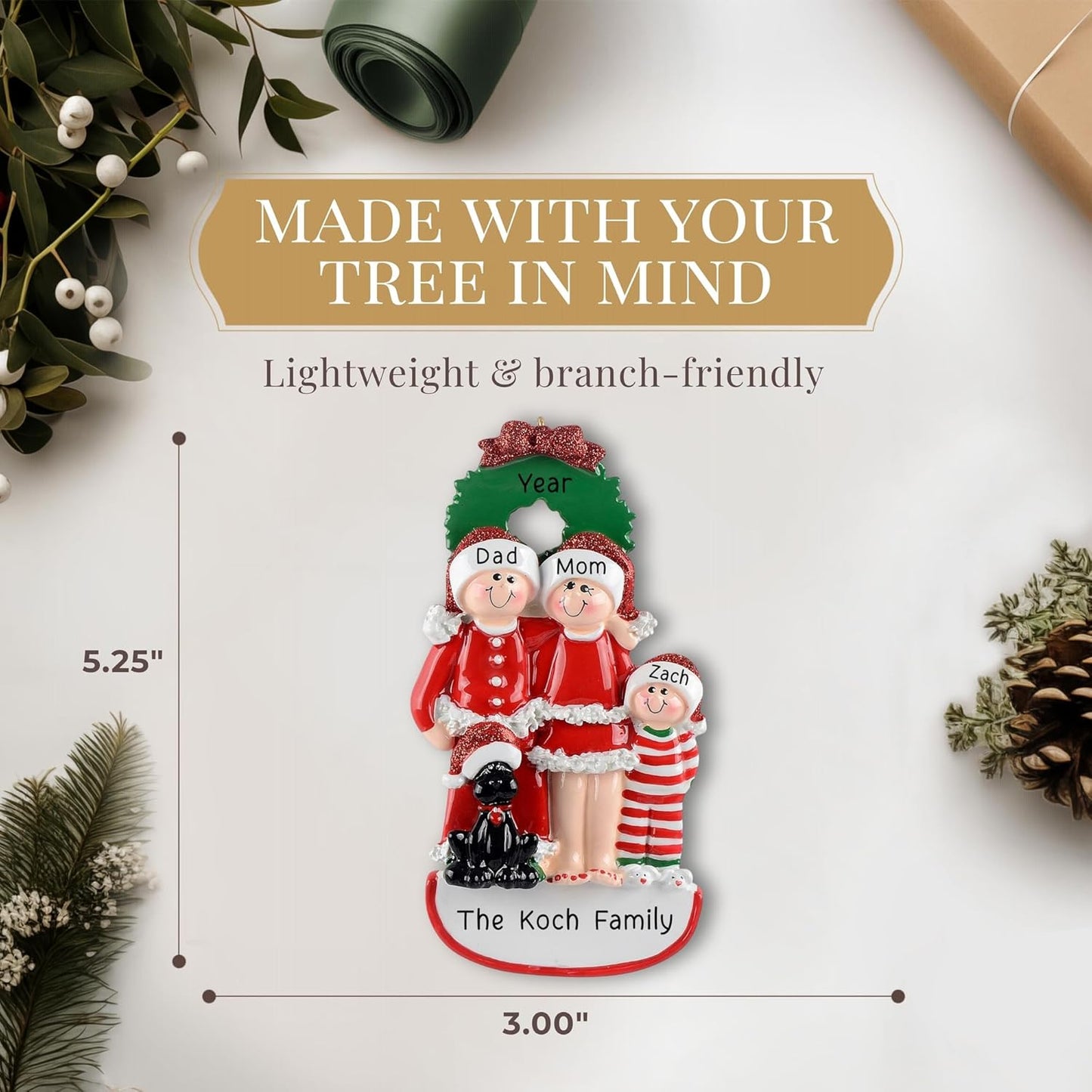 Personalized Family of 3 with Dog Ornament 2025 | Free 24h Customization | Christmas Ornaments for Tree | Custom Gift Wrapped Black Pet Keepsake for Dog-Lovers