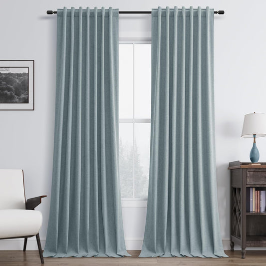BOODII Room Darkening Curtains 120 Inch Back Tab Thermal Insulated Black Out Linen Drapes Extra Long Blackout Curtains for Patio Door Large Window Ceiling to Floor Light Blocking Stone Blue 52x120