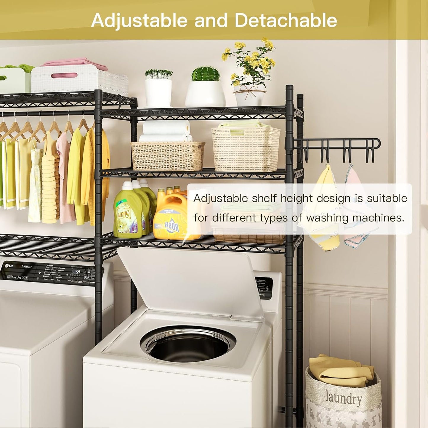 Ulif U5 Over the Washer and Dryer Storage Shelf, Laundry Room Space Saver Bathroom Storage and Organizer Rack for Hanging Towels and Drying Clothes with 5 Wire Shelves, 58.2"W x 13.4"D x 77.5"H, Black