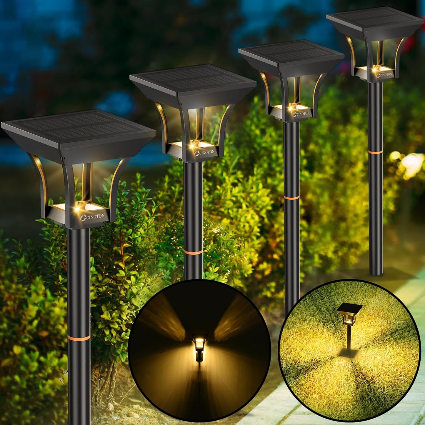 CINOTON Outdoor Solar Landscape Pathway & Wall Lights with 2 Brightness Modes, IP65 Waterproof LED Solar Powered Garden Lights for Patio Lawn Porch Walkway Backyard Driveway Sidewalk Warm White 4 Pack