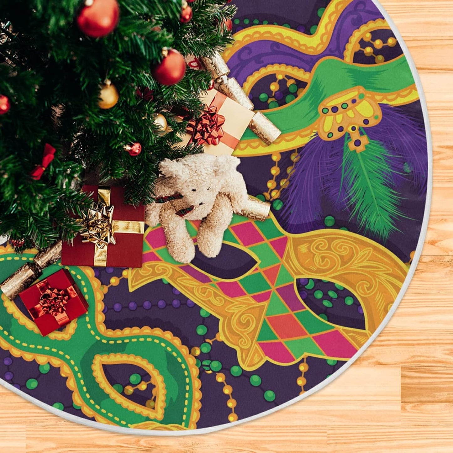 Mardi Gras Colorful Mask Tree Skirt, Seasonal Tree Mat Holiday Party Supplies Ornaments Indoor Outdoor Decorations for Tabletop Trees 35.4 Inches