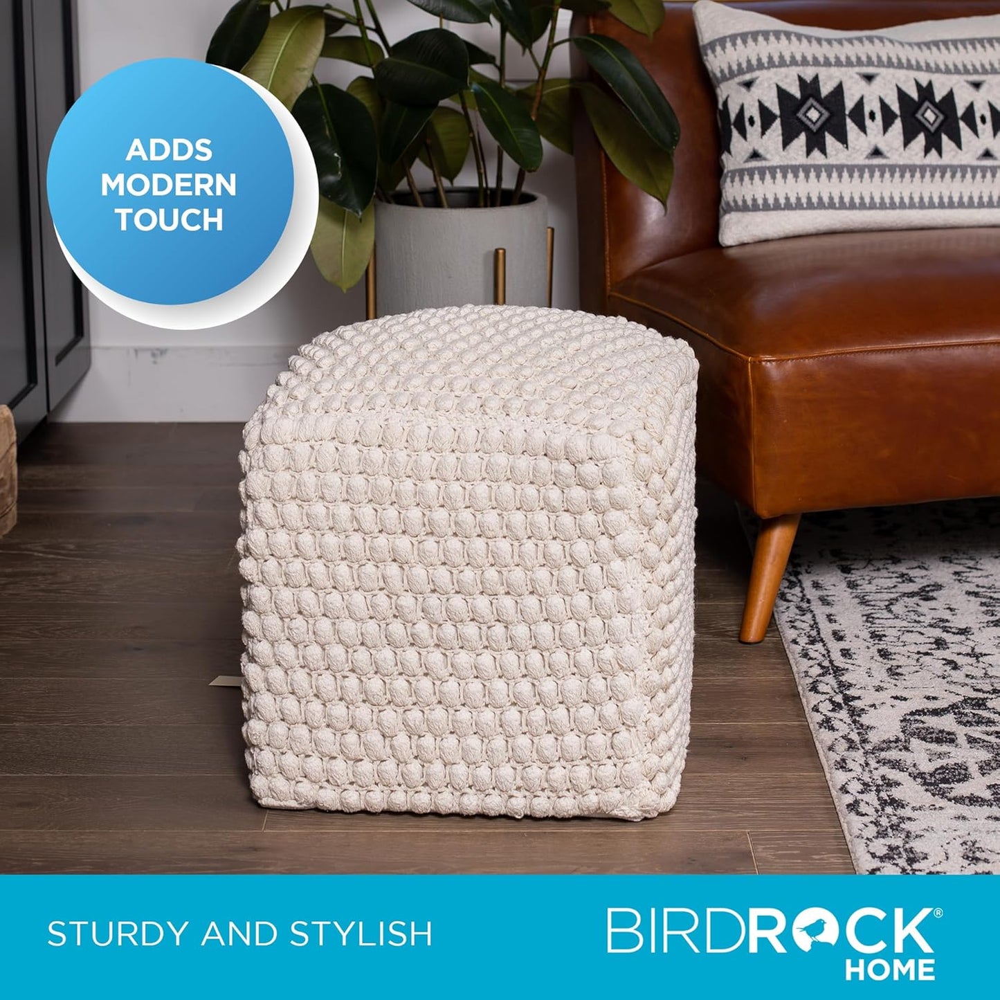 BIRDROCK HOME Bud Pouf Foot Stool Ottoman - Knit Bean Bag Floor Chair - Cotton Braided Cord - Great for The Living Room, Bedroom and Kids Room - Small Furniture