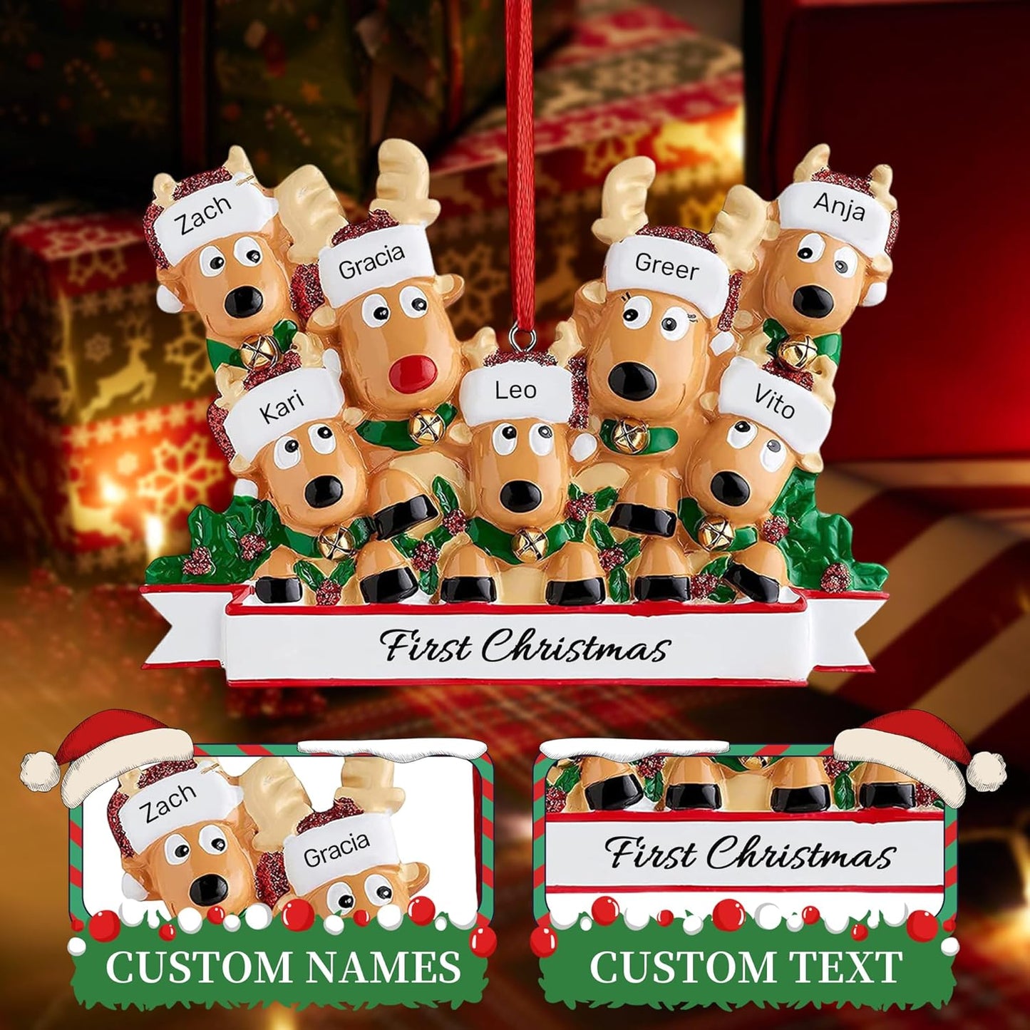 Personalized Christmas Ornaments 2025, Custom Reindeer Family Ornaments for Trees with Names, Handcrafted Christmas Deer Decorations for 2-8 Members, Meaningful Xmas Family of 7