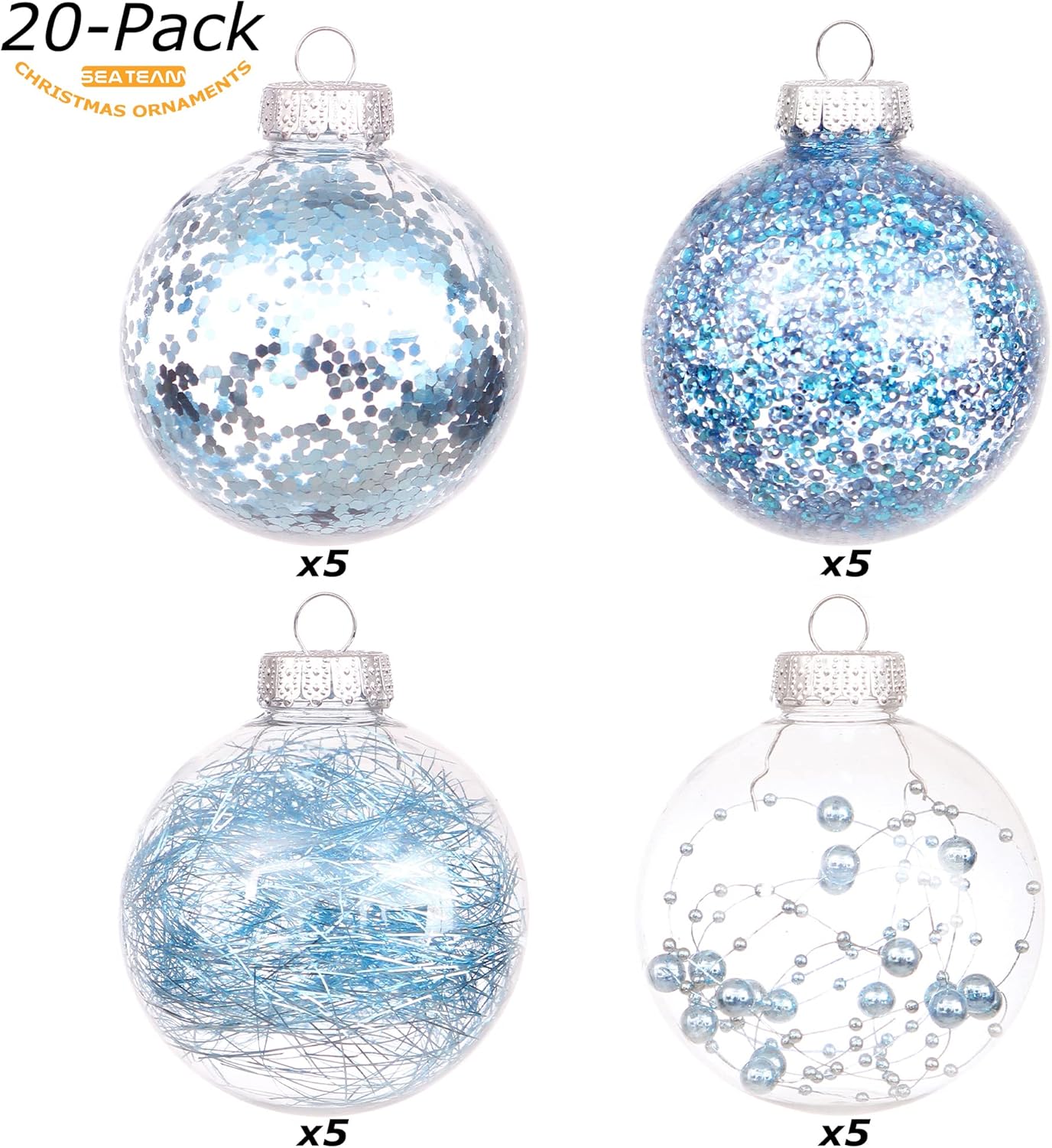 Sea Team Shatterproof Clear Plastic Christmas Ball Ornaments Decorative Xmas Balls Baubles Set with Stuffed Delicate Decorations (80mm/3.15 inch 20-Pack, Babyblue)
