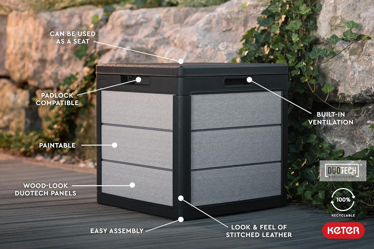 Keter Denali 30 Gallon Resin Outdoor Storage Box and Patio Furniture Side Table for Pool and Garden Accessories, Grey & Black