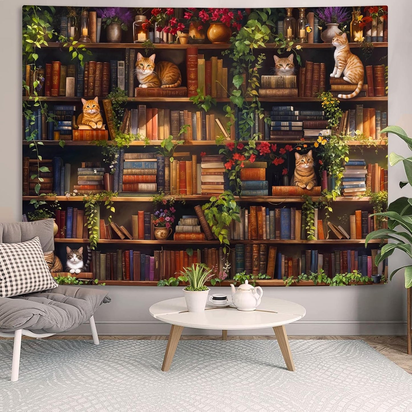 Accnicc Plant Cat Bookshelf Tapestry Botanical Floral Flower Cats Book Tapestries Wall Hanging Vintage Library Large Tapestry for Bedroom Living Room Dorm 80 x 60 inch
