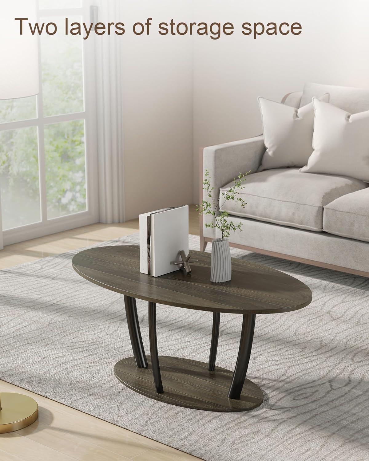 Manora Small Oval Coffee Table with Storage, Rustic Farmhouse Industrial Center Table for Living Room, VintageTea Table for Small Spaces, Gray