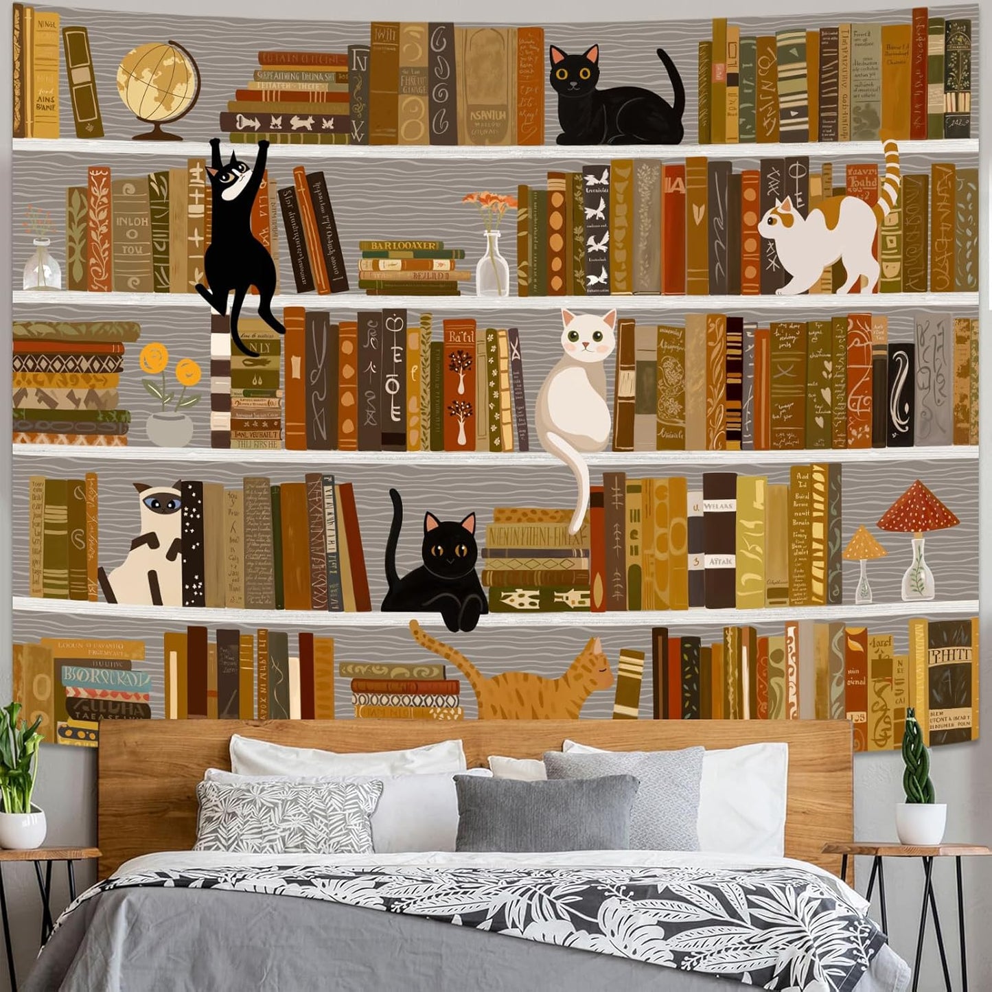 Accnicc Cat Bookshelf Tapestry Black White Cute Cats Book Shelf Tapestries Wall Hanging Art Vintage Retro Academics Library Tapestry for Bedroom Living Room Dorm 60 x 44 inch