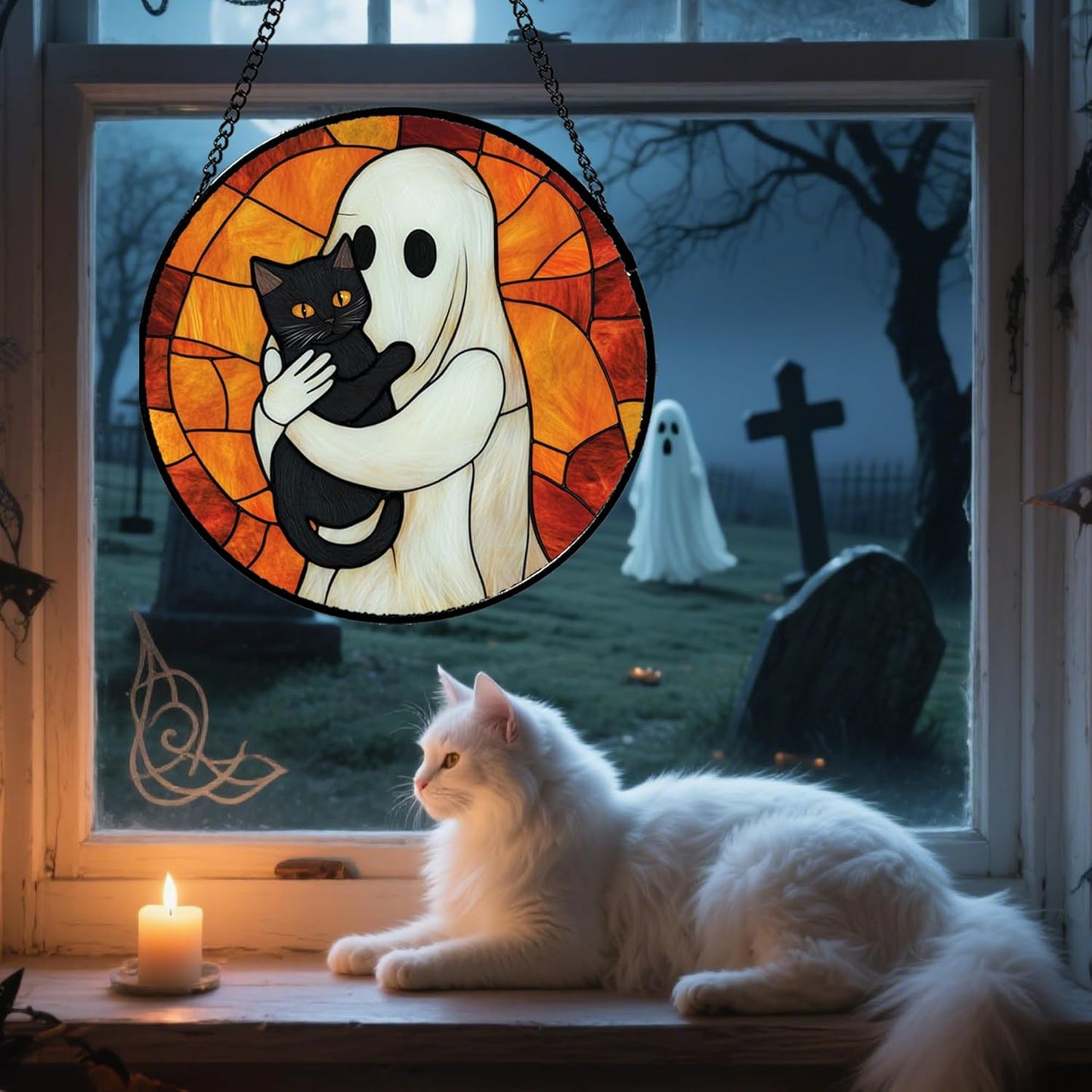 Stained Glass Window Hanging - Halloween Decorations White Ghost Black Cat Suncatcher for Doors Garden Spooky Funny Orange Sun Catchers Gothic Decor Horror Gifts for Women Men Friend 6.3 in