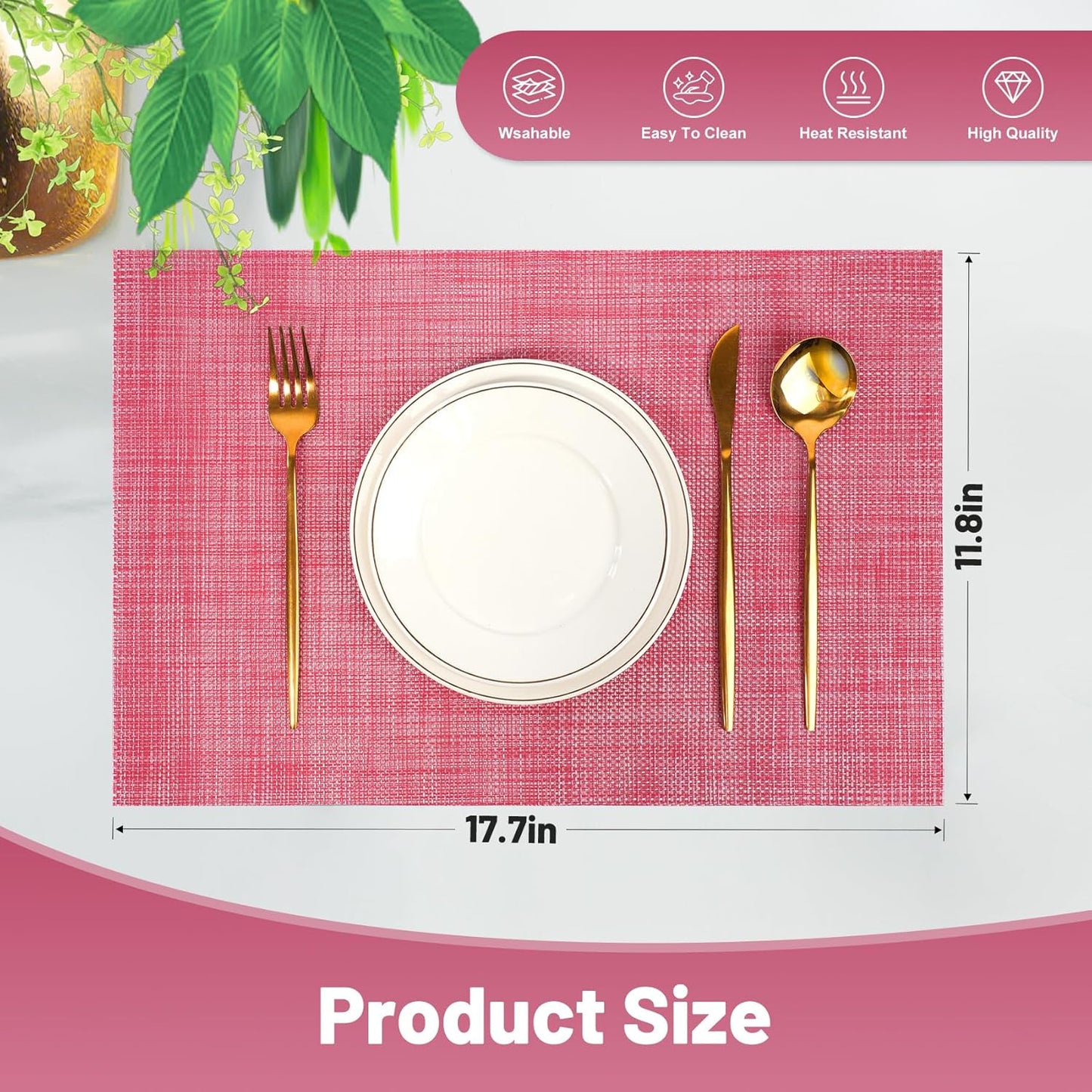 Placemats Set of 12，Non-Slip PVC Weave Table Mats Easy to Clean，Heat Resistant Place Mats for Kitchen Dining Table Decoration Indoor Outdoor，Red