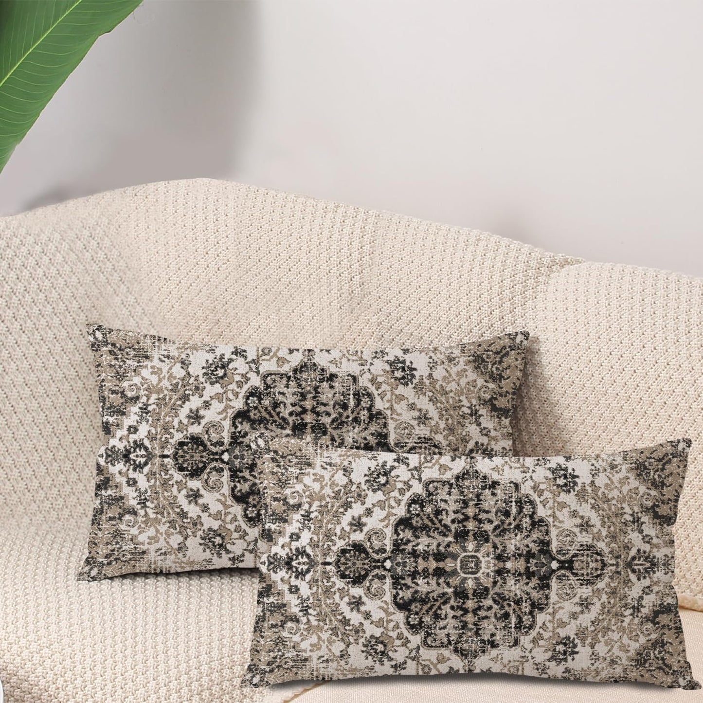 Waterproof Throw Pillow Covers 12X20 Inch Set of 2 Bohemian Vintage Carpet Pattern Black Grey Ethnic Design Decorative Farmhouse for Couch Garden Balcony (Boho-5-3)