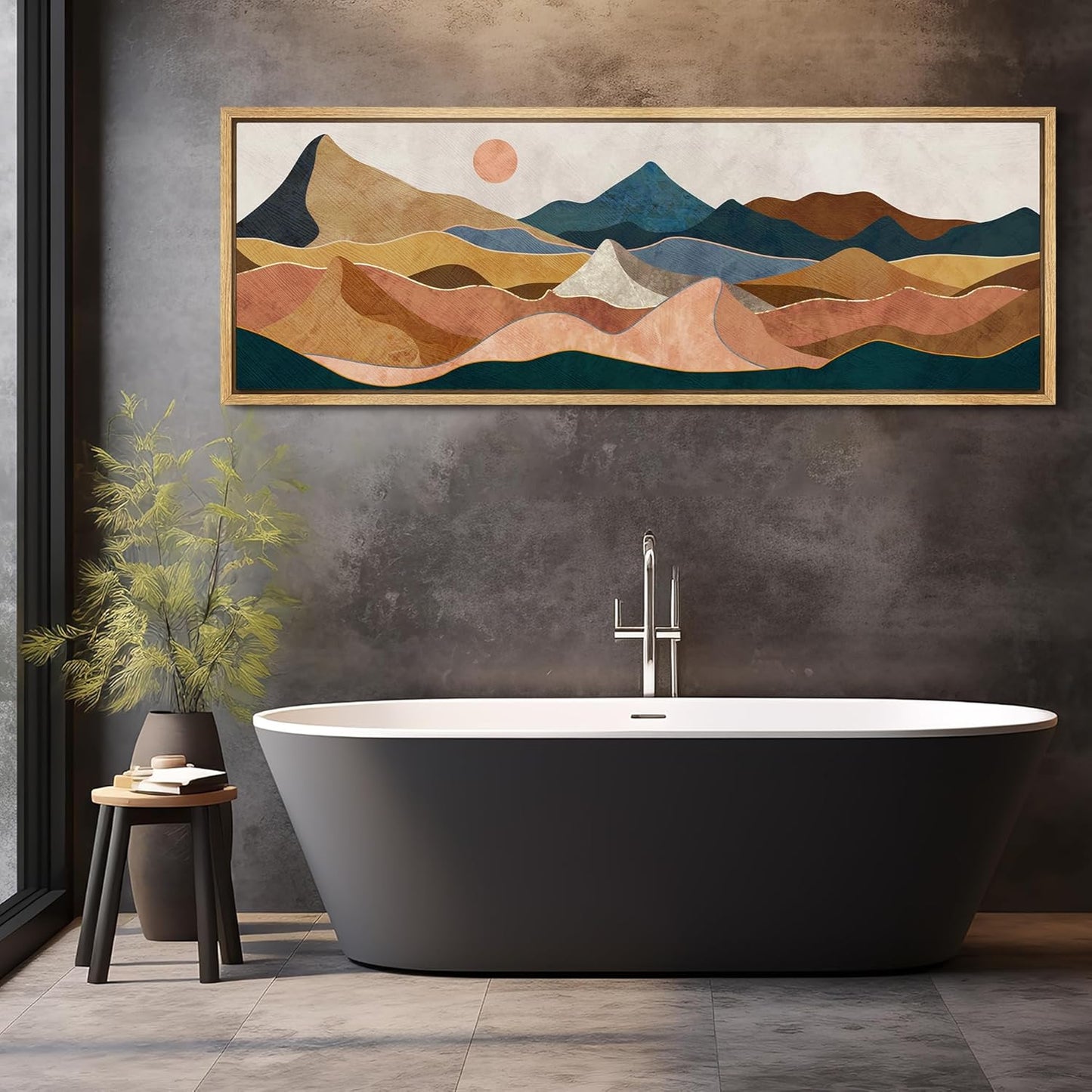 MUDECOR Large Framed Canvas Print Wall Art Desert Peaks Colorful Geometric Mountain Illustrations Antique Retro Fine Art Illustrations Decorative Colorful for Bedroom - 60"x20"