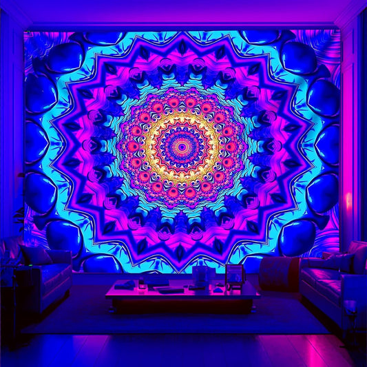 PSYHILAR Blacklight Mandala Tapestry for Bedroom, Black Light Posters for Adults and Teens, Colorful UV Reactive Aesthetic Bohemian Wall Art Decor (60 x 50 Inches)