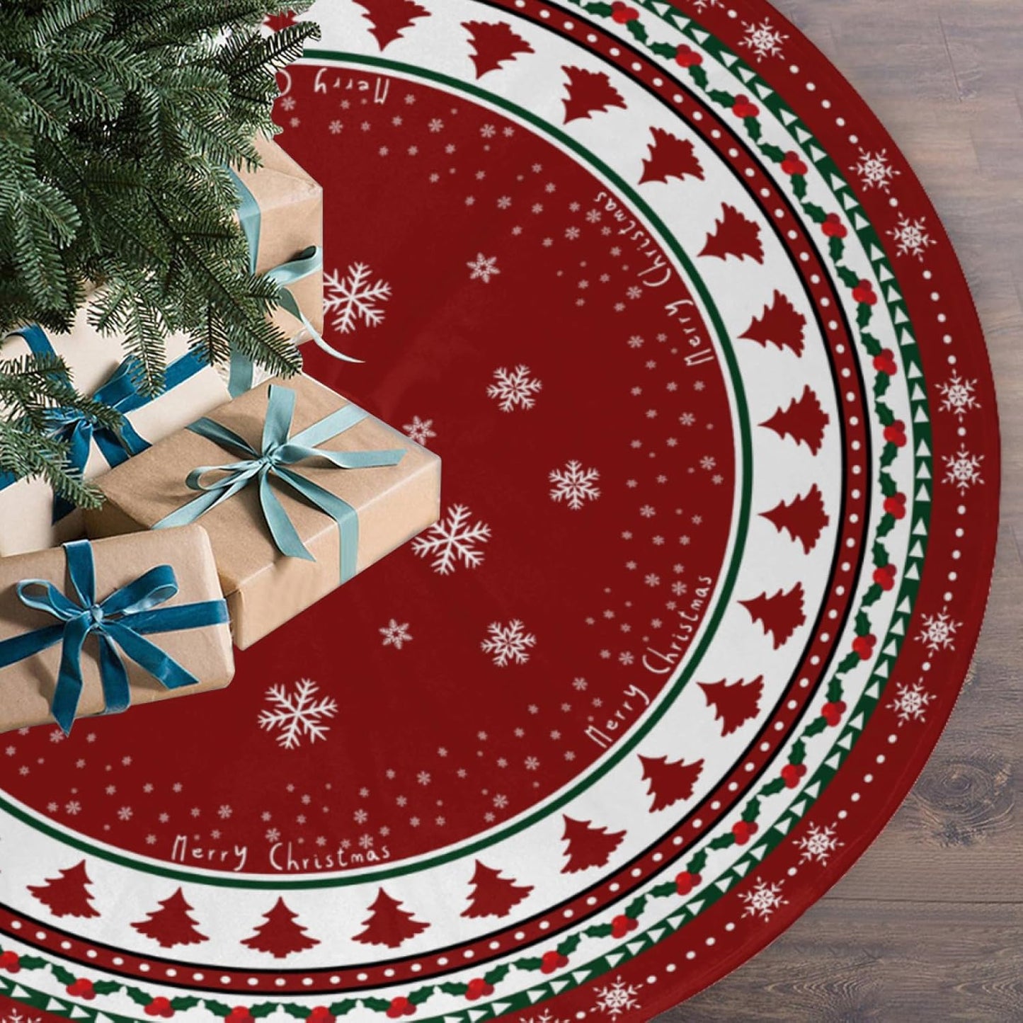 Christmas Tree Skirt 48 Inches, Red and Green Xmas Tree Mat with Winter Snowflake for Christmas Decorations Holiday Party Indoor Outdoor Home Decor (Red and Green)